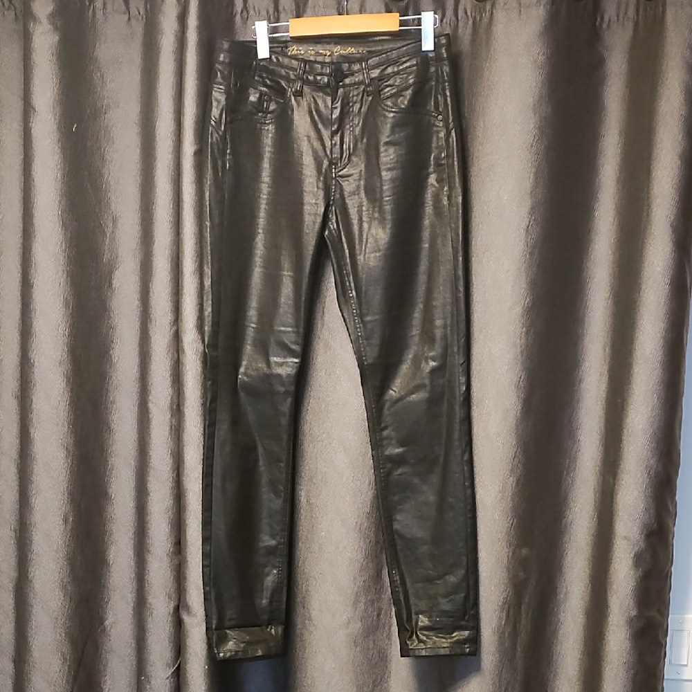 Black Faux Leather Pants with Gold Detail